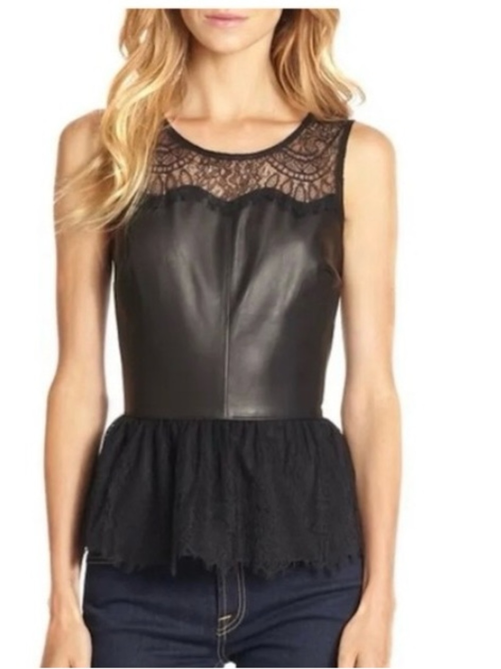 PJK Patterson. Leather and Black Lace-Trim Peplum Bustier Top - Women's Medium